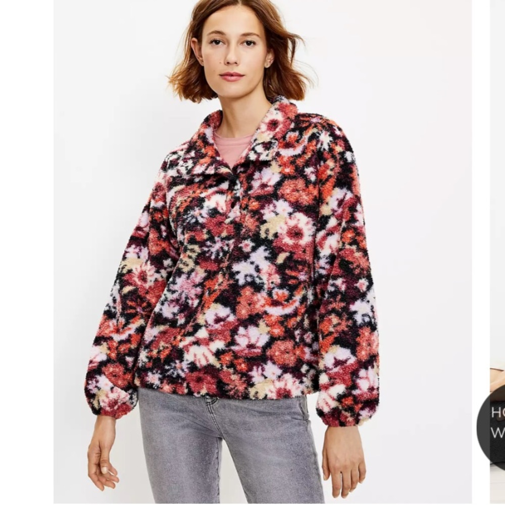 NWT LOFT Women's Floral Sherpa Snap Collar Top
